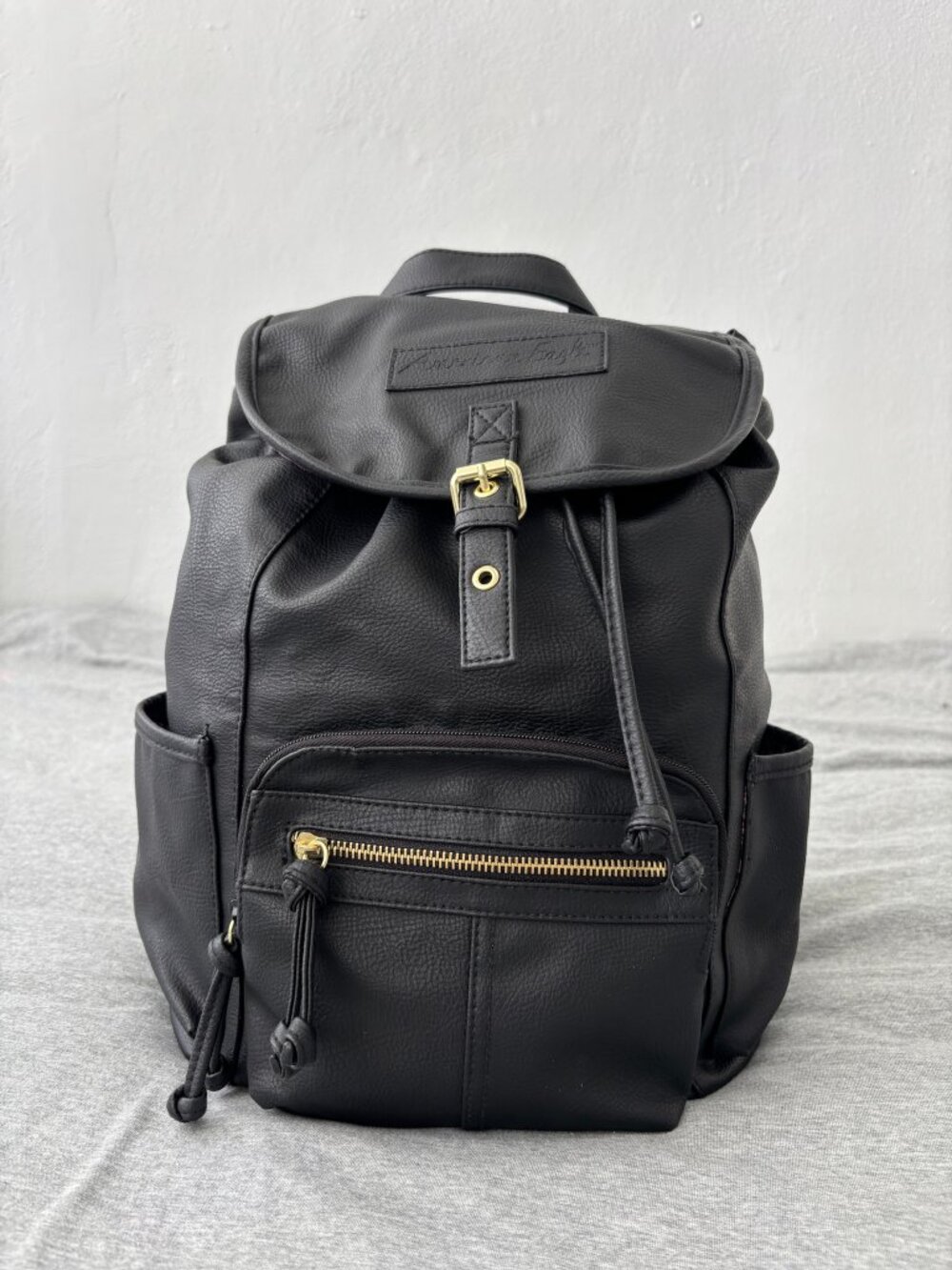 American Eagle Payless Vintage Y2K Black Faux Leather Drawstring Backpack Floral